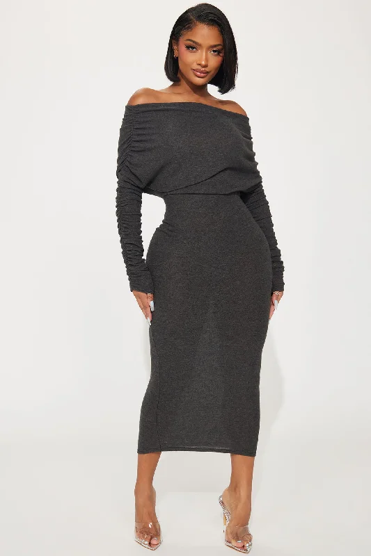 Yasmine Off Shoulder Sweater Maxi Dress - Charcoal