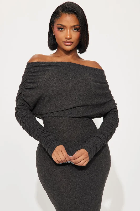 Yasmine Off Shoulder Sweater Maxi Dress - Charcoal