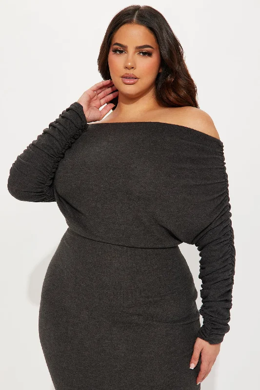 Yasmine Off Shoulder Sweater Maxi Dress - Charcoal