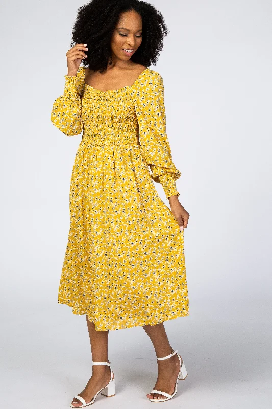 Yellow Floral Smocked Bubble Sleeve Midi Dress