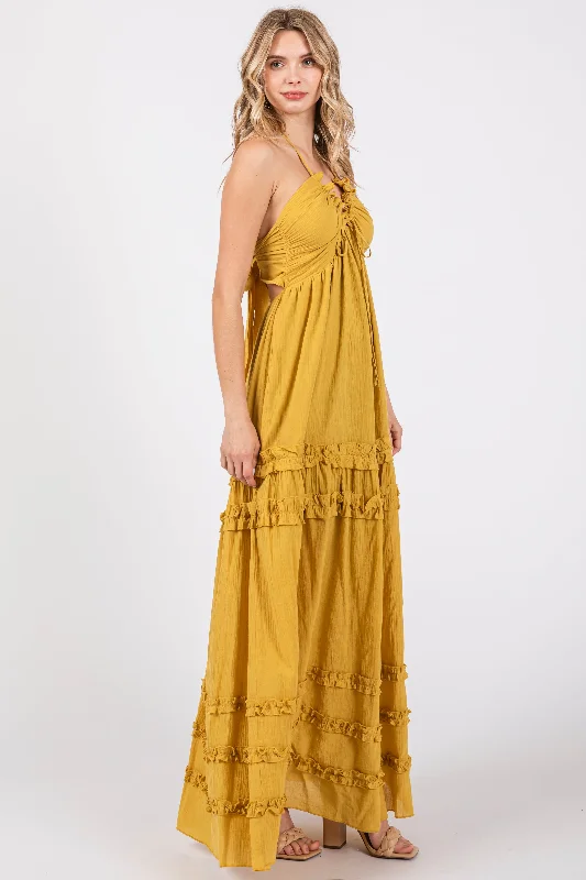 Yellow Ruffle Ruched Deep V-Neck Maxi Dress