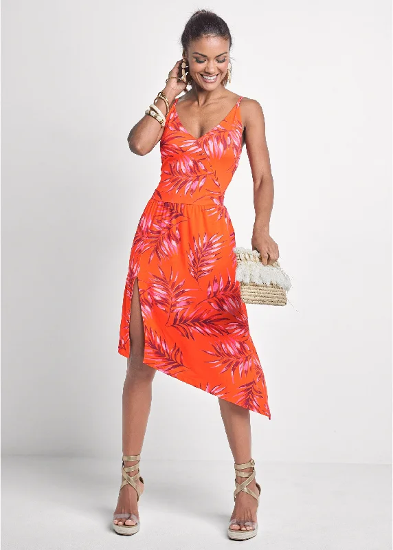 Palm leaf asymmetrical dress - Orange Multi