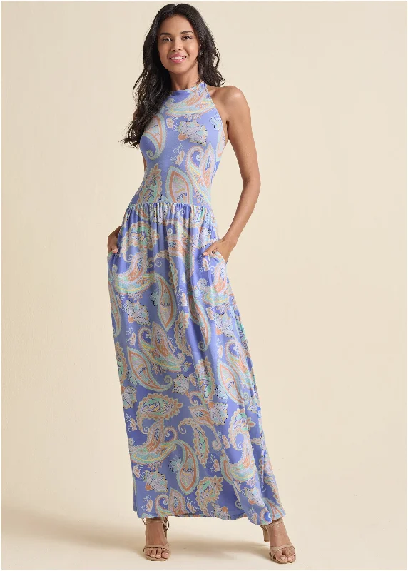 High neck maxi dress - Blue Multi