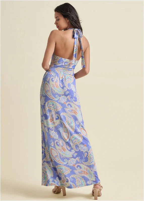 High neck maxi dress - Blue Multi