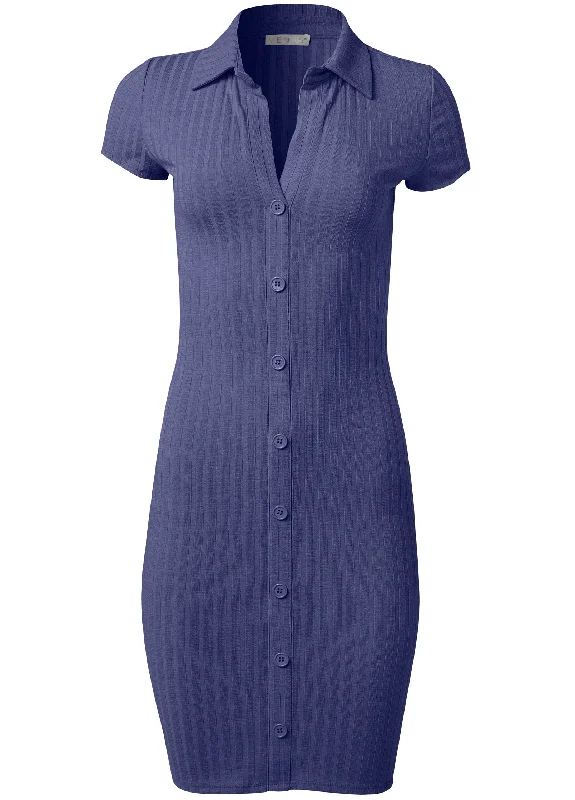 Ribbed button-front dress - Skipper Blue