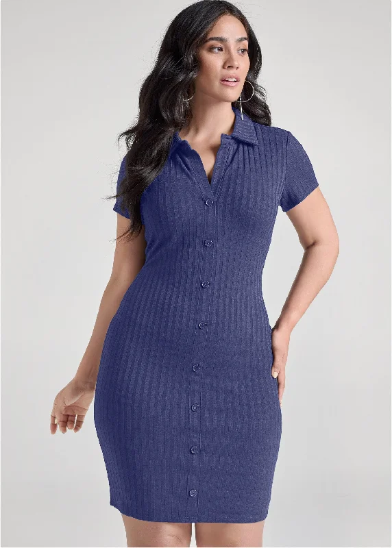 Ribbed button-front dress - Skipper Blue