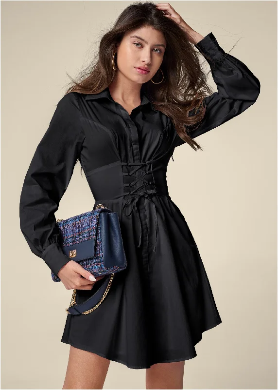 Corset waist shirt dress  - Black