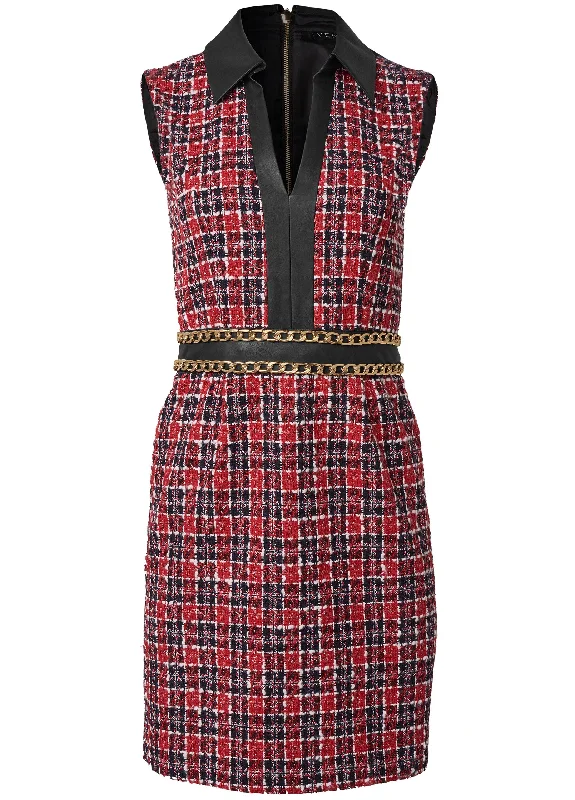 Collared tweed dress - Red & Black