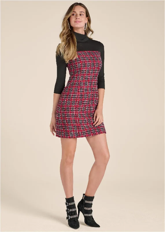 Mock-neck plaid tweed dress - Red & Black