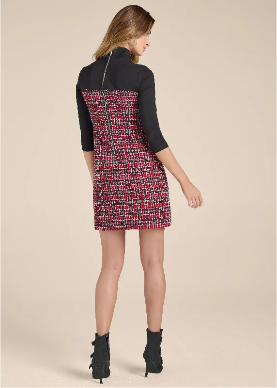 Mock-neck plaid tweed dress - Red & Black