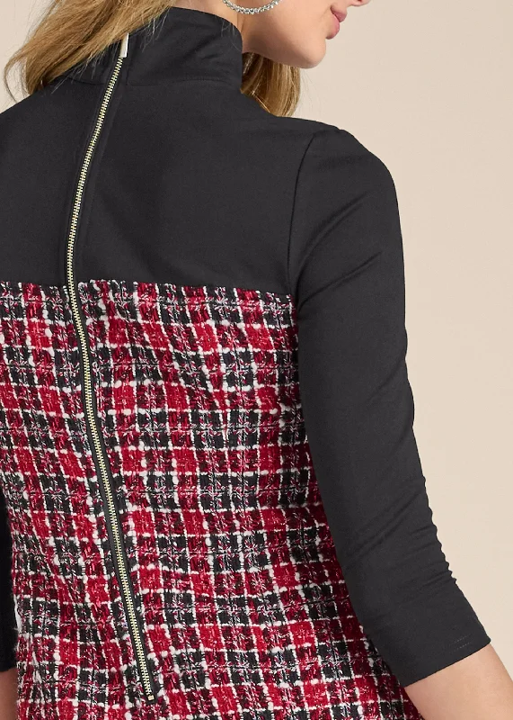 Mock-neck plaid tweed dress - Red & Black