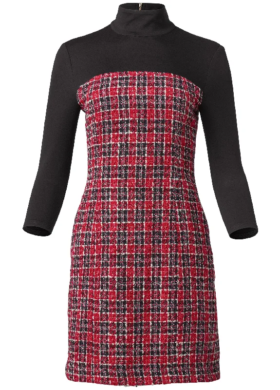 Mock-neck plaid tweed dress - Red & Black