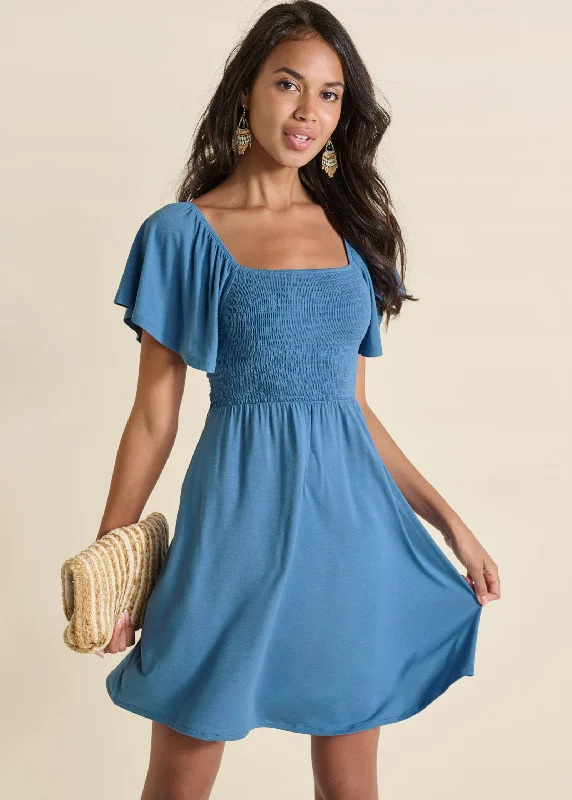 Back cutout smocked dress - Blue