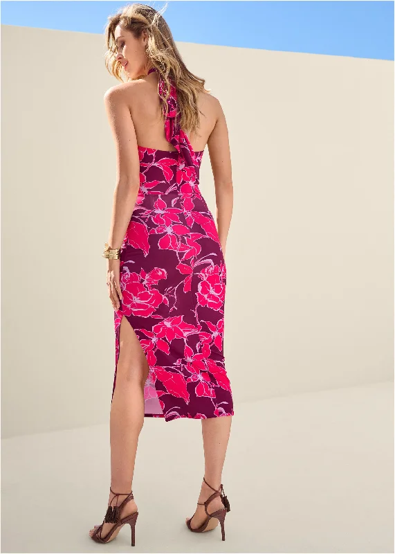 Floral halter bodycon dress - Pink Multi