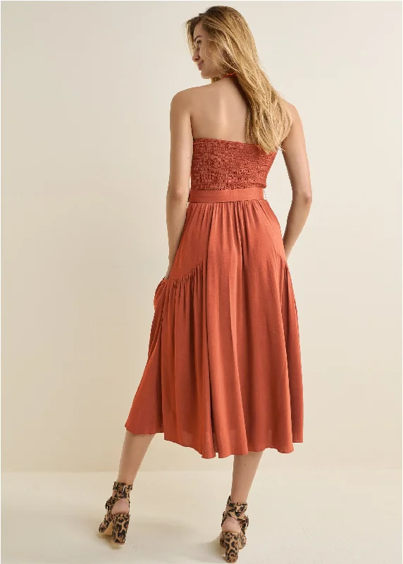 Belted halter midi dress - Burnt Orange