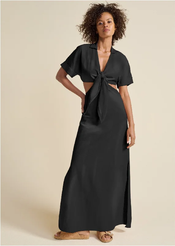 Cutout tie linen dress  - Black