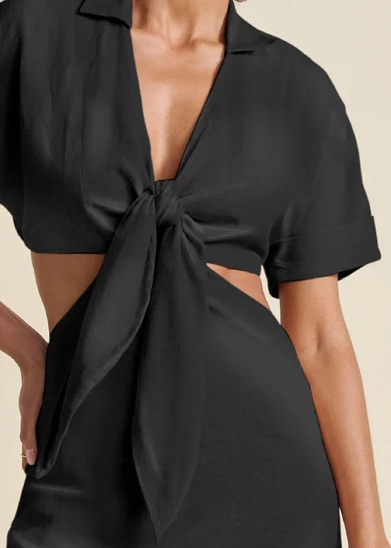 Cutout tie linen dress  - Black