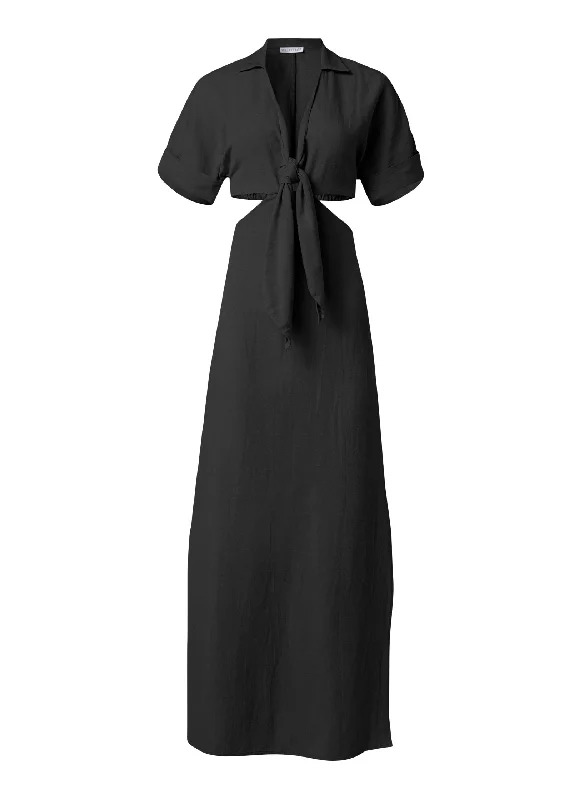 Cutout tie linen dress  - Black