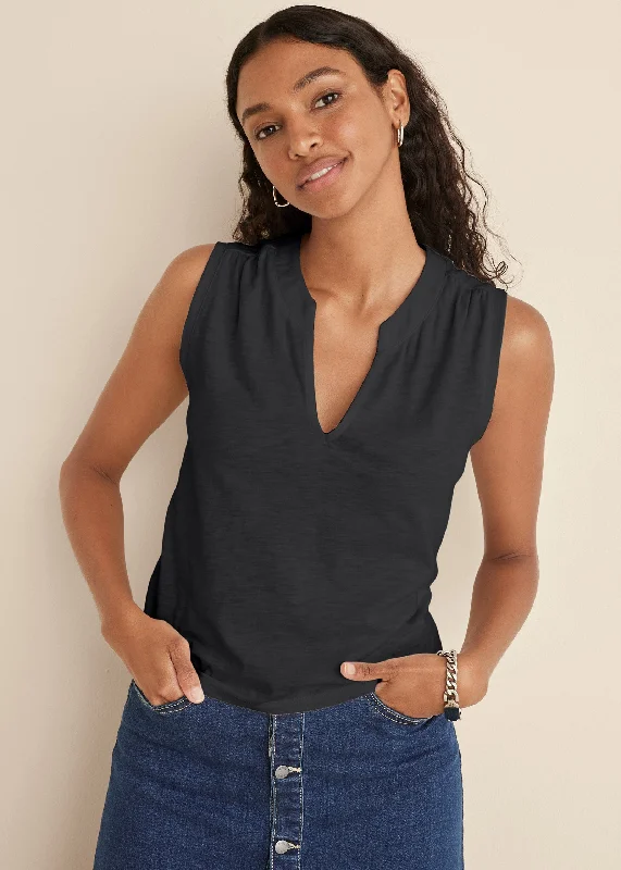 V-Neck shirred tank - Black