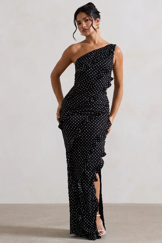 Zafra | Black Polka Dot Asymmetric Ruffle Maxi Dress