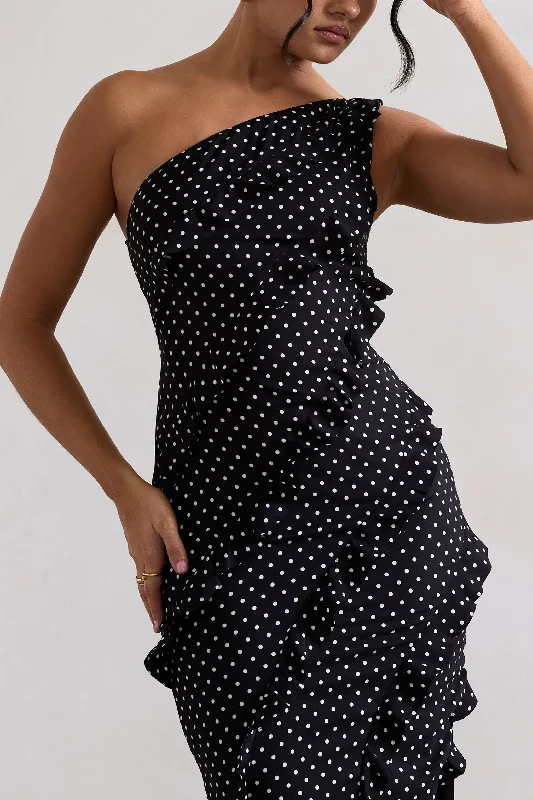 Zafra | Black Polka Dot Asymmetric Ruffle Maxi Dress