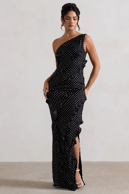 Zafra | Black Polka Dot Asymmetric Ruffle Maxi Dress