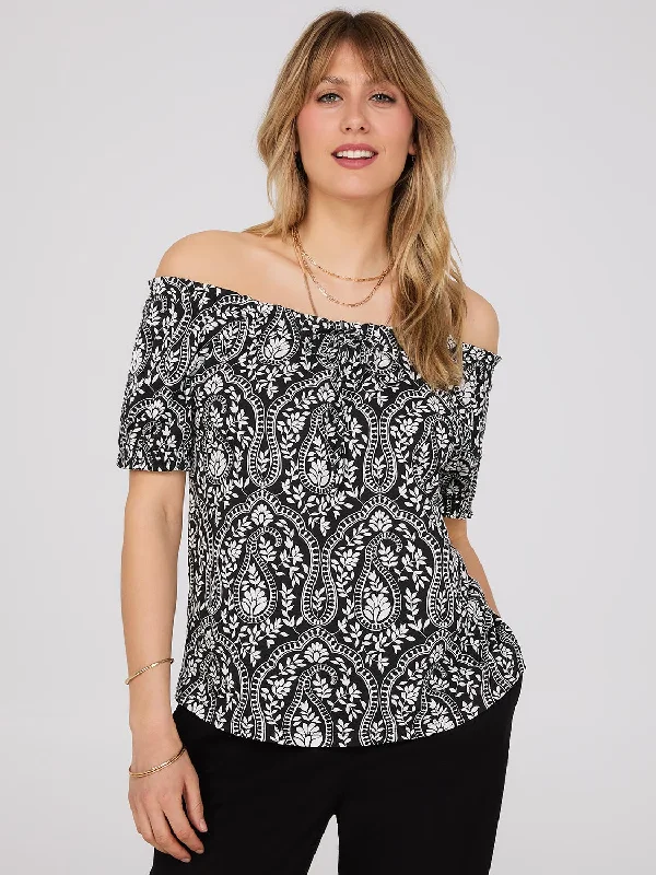 Paisley Print Off-The-Shoulder Top With Drawstring