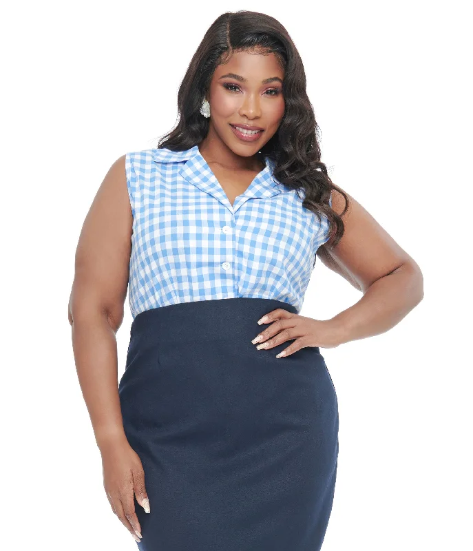 Barbie x Unique Vintage Plus Size 1950s Blue & White Gingham Commuter Set Collar Blouse