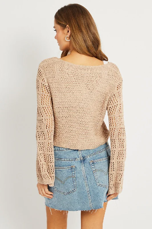 Beige Crochet Cardigan Long Sleeve Squared Neck