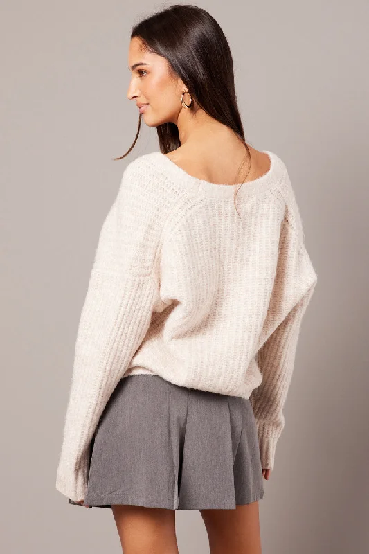 Beige Oversized Knit Cardigan V Neck