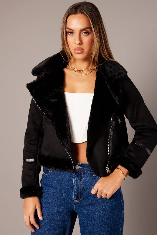 Black Aviator Jacket Long Sleeve Faux Leather