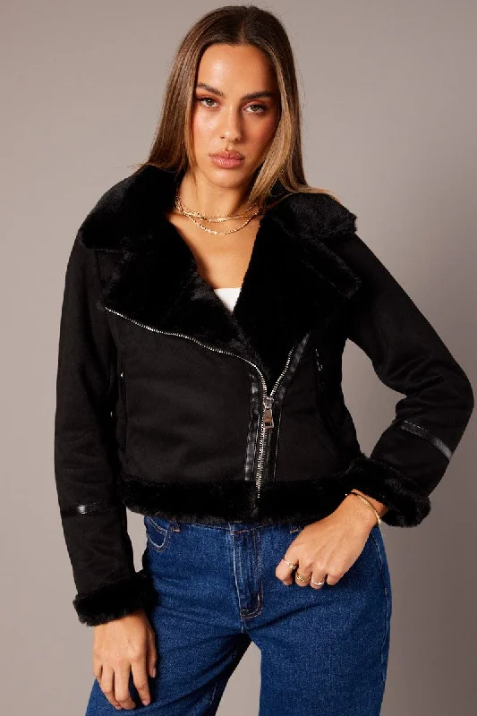 Black Aviator Jacket Long Sleeve Faux Leather