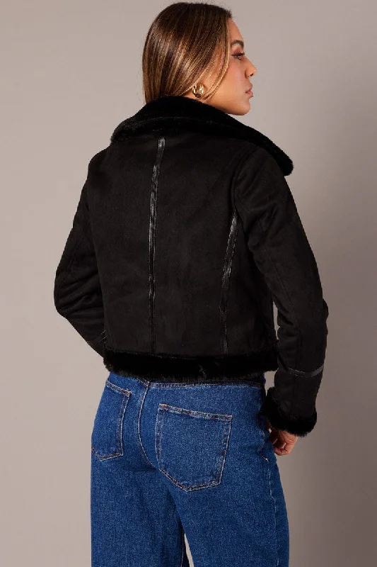 Black Aviator Jacket Long Sleeve Faux Leather