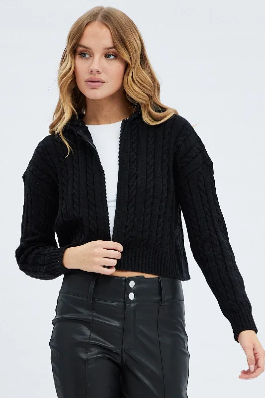 Black Cable Knit Cardigan Hooded