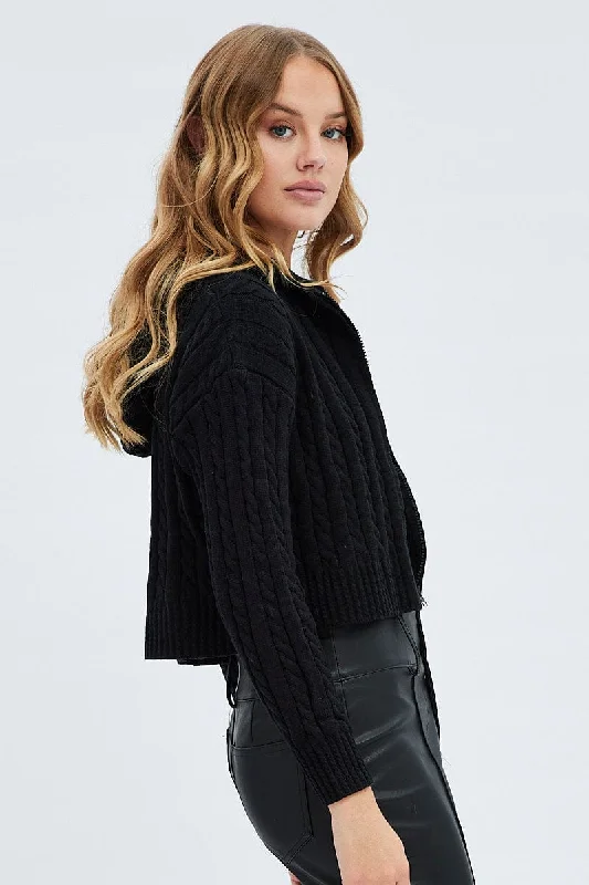 Black Cable Knit Cardigan Hooded