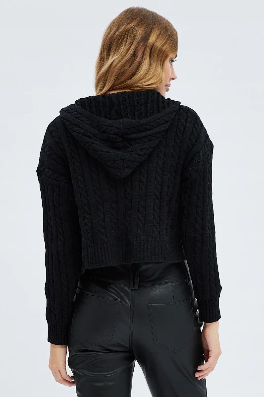 Black Cable Knit Cardigan Hooded