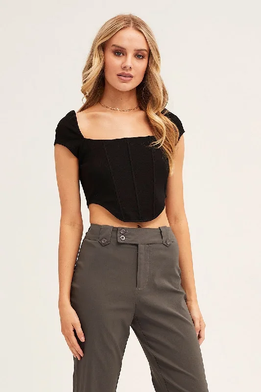 Black Corset Crop Top Short Sleeve Square Neck