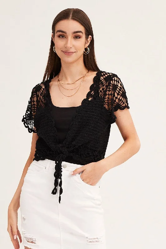 Black Crochet Cardigan Short Sleeve Tie Up