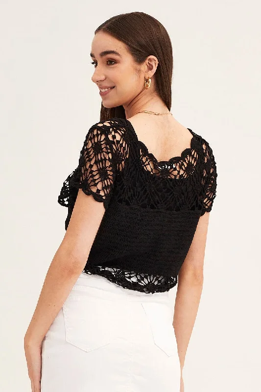 Black Crochet Cardigan Short Sleeve Tie Up