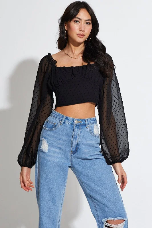 Black Crop Top Long Sleeve Square Neck