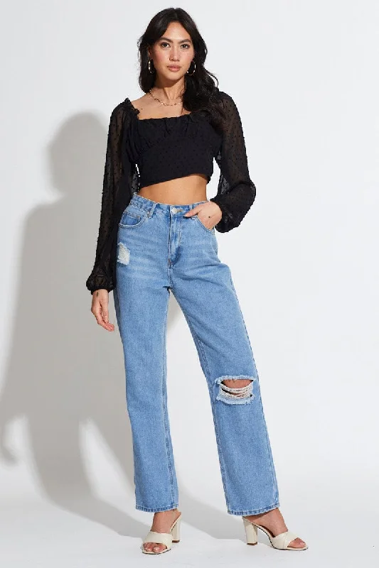 Black Crop Top Long Sleeve Square Neck