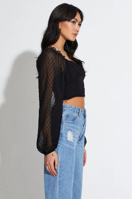 Black Crop Top Long Sleeve Square Neck