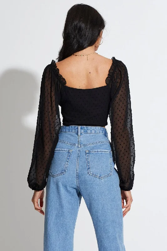 Black Crop Top Long Sleeve Square Neck