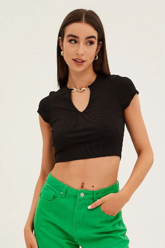 Black Crop Top Short Sleeve Notched Neck Chain Detail