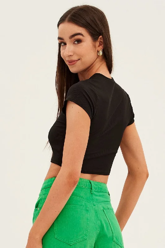 Black Crop Top Short Sleeve Notched Neck Chain Detail