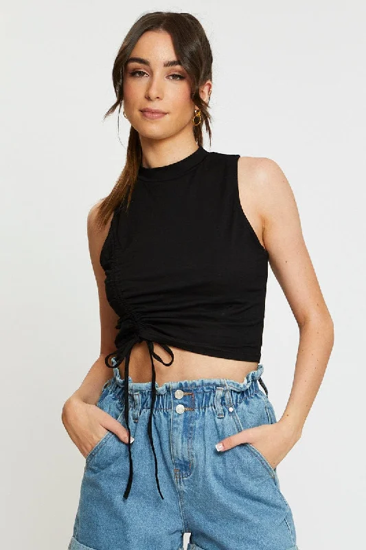 Black Crop Top Side Drawstring