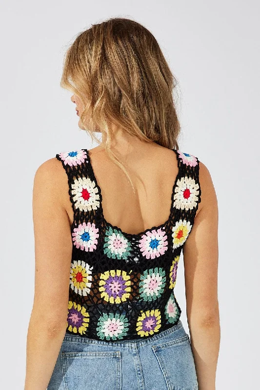 Black Floral Crochet Top Crop Square Neck