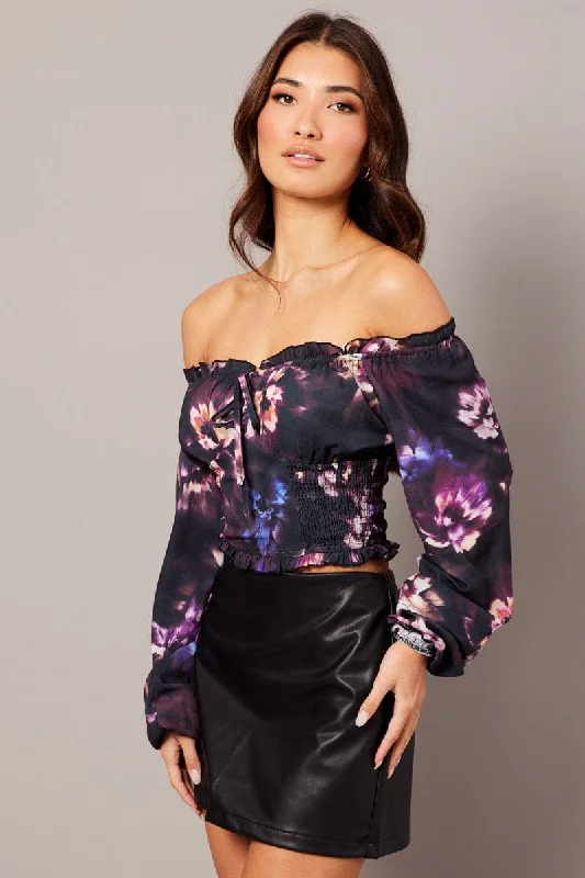 Black Floral Crop Top Long Sleeve Shirred Waist