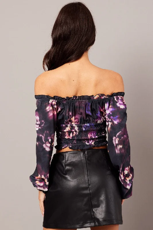 Black Floral Crop Top Long Sleeve Shirred Waist