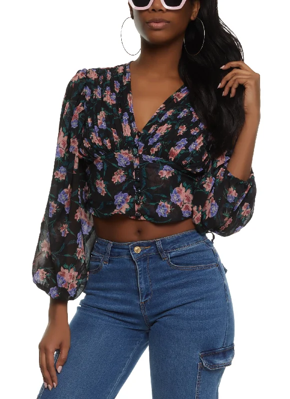 Floral Pleated Button Front Cropped Blouse